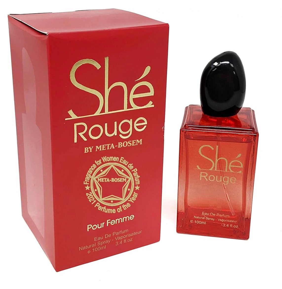 This is a Meta-Bosem She Rouge Eau de Parfum spray for women, presented in a red 100ml (3.4 Fluid Ounce) box