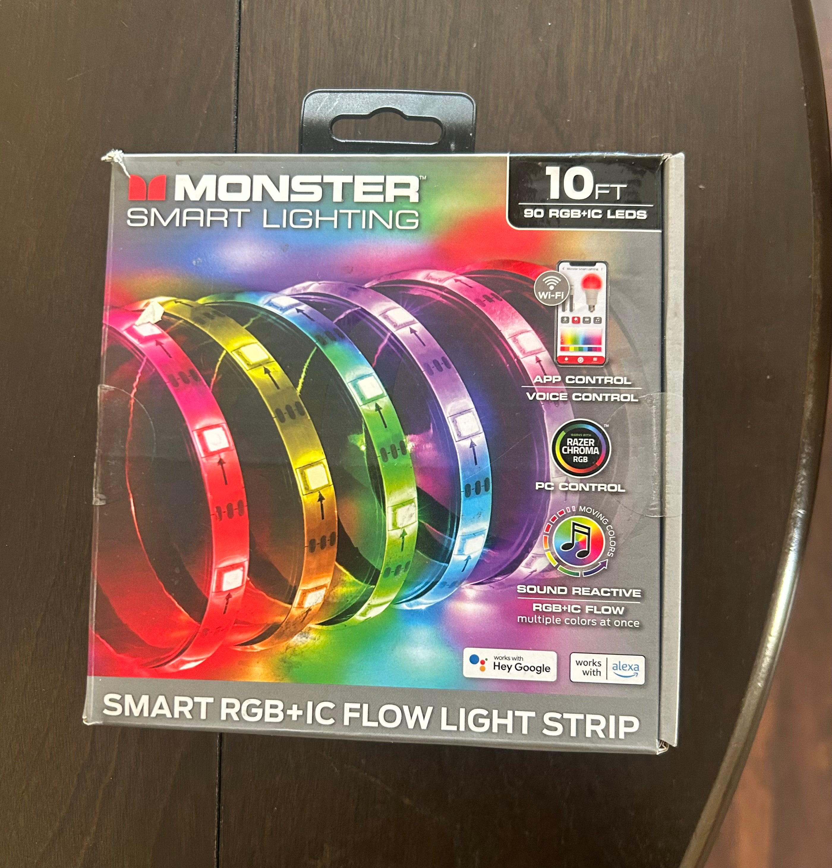 This is a Monster Smart RGB+IC Flow Light Strip. It measures 10 feet in length and features 90 LEDs.