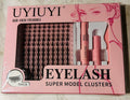 This is a UYIUYI false eyelash cluster kit featuring "Super Model Clusters" in a pink box.