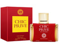 a bottle of Fragrance Couture Chic Prive Eau de Parfum for women, featured in a red box with gold branding.This fragrance is a 100ml (3.4 fl. oz.) spray bottle.