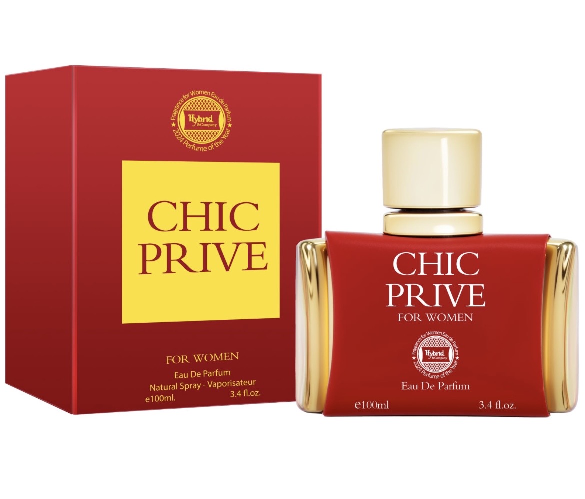 a bottle of Fragrance Couture Chic Prive Eau de Parfum for women, featured in a red box with gold branding.This fragrance is a 100ml (3.4 fl. oz.) spray bottle.