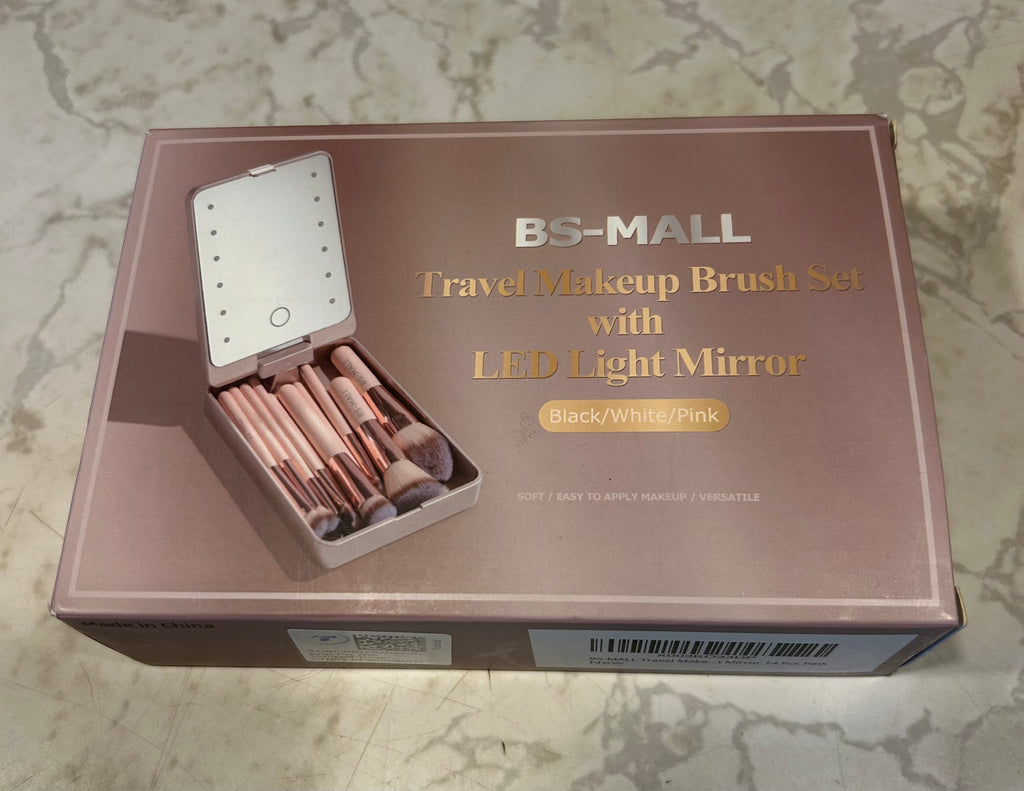 This is a BS-MALL Travel Makeup Brush Set featuring a rose gold 14-piece brush collection and a built-in LED light mirror.