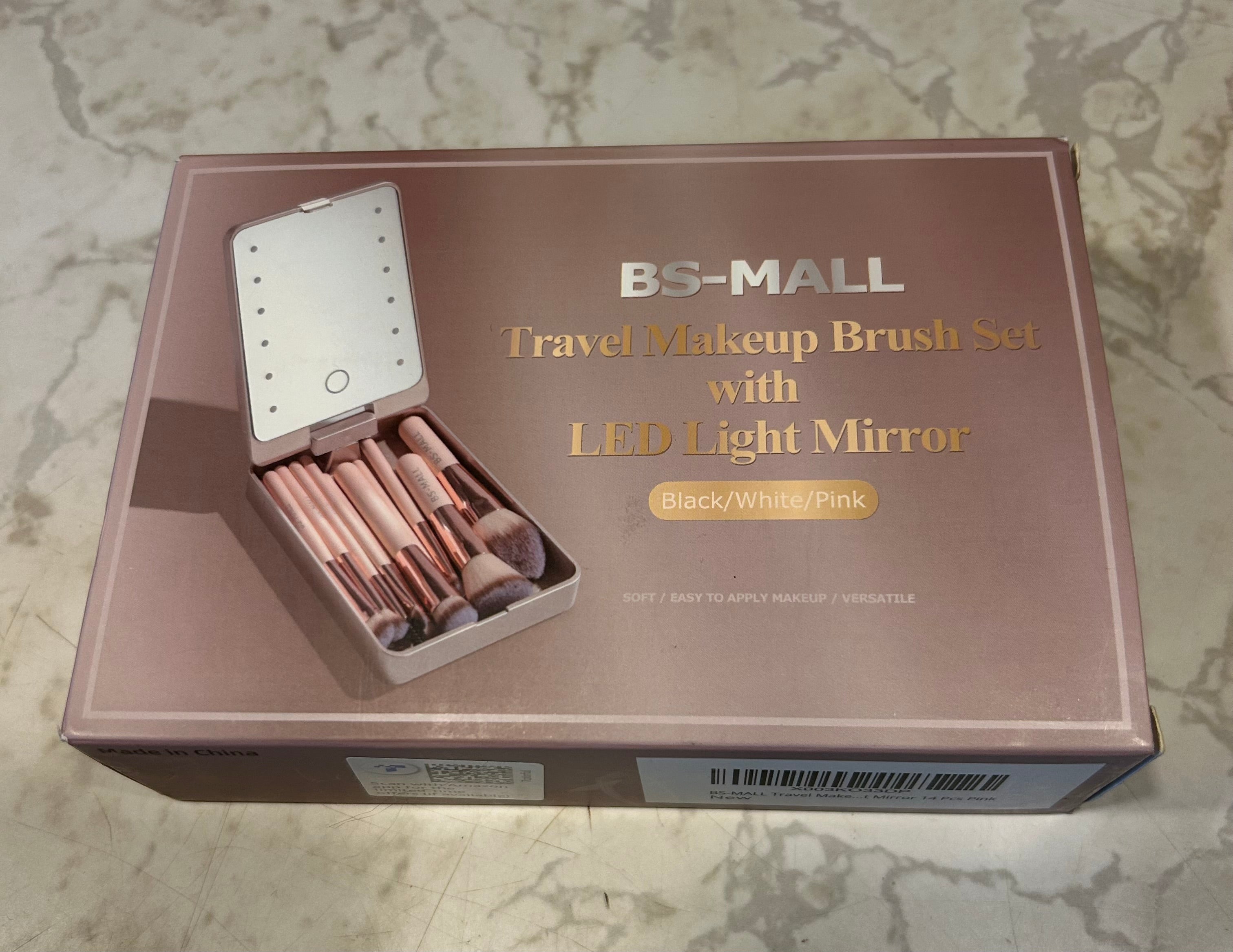 This is a BS-MALL Travel Makeup Brush Set featuring a rose gold 14-piece brush collection and a built-in LED light mirror.
