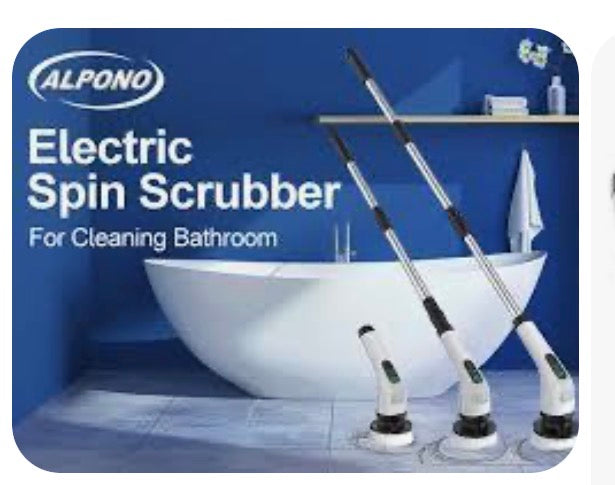 The ALPONO Electric Spin Scrubber is a cordless, rechargeable cleaning tool designed for household surfaces like bathrooms, tiles, and tubs.