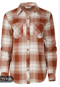 This is a new medium Natural Reflections Cane Creek flannel long-sleeve shirt in mocha bisque plaid.