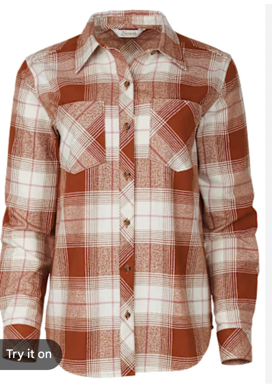 This is a new medium Natural Reflections Cane Creek flannel long-sleeve shirt in mocha bisque plaid.