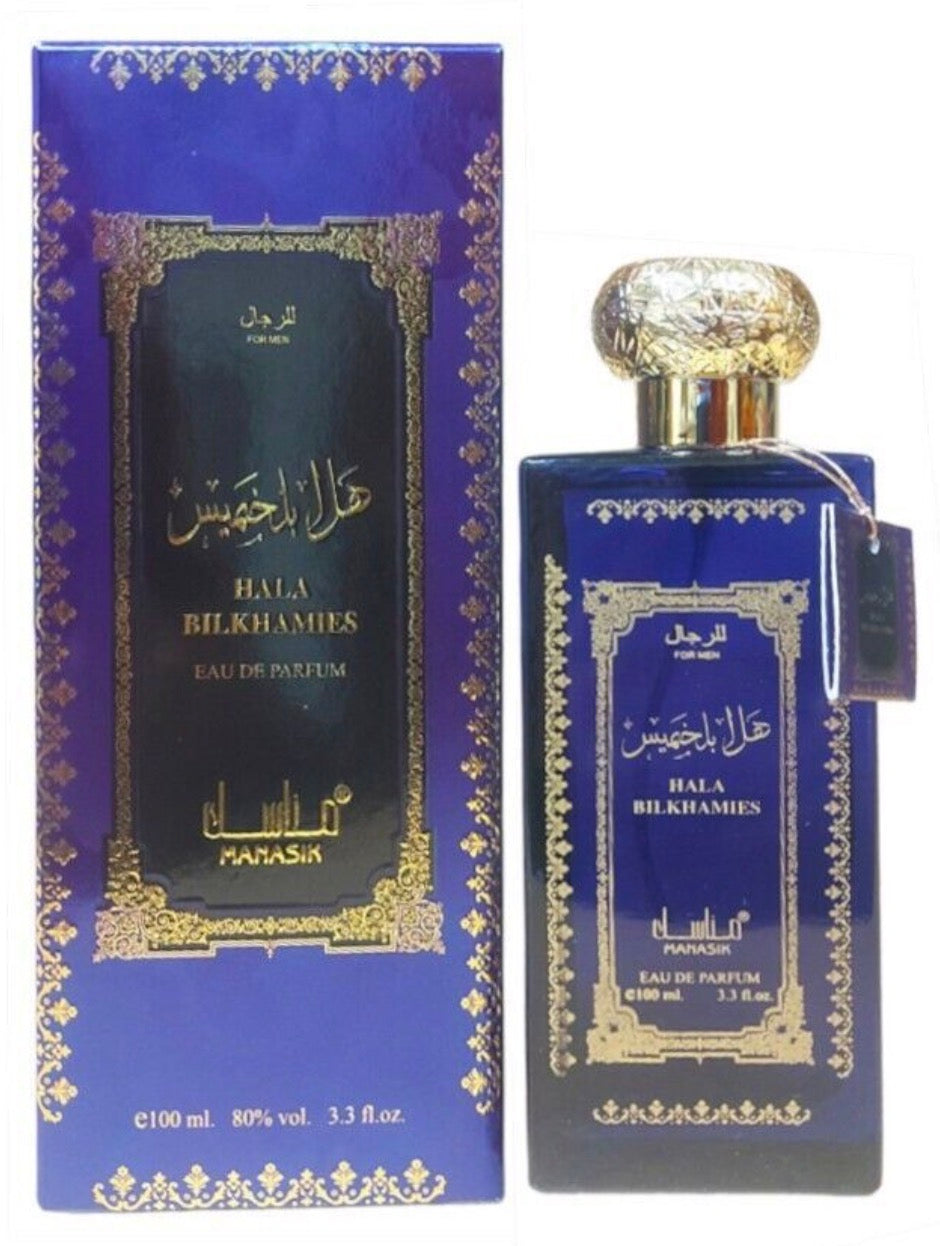 This is Hala Bilkhamies Eau de Parfum by Manasik.It is a 100ml (3.3 or 3.4 fl. oz.) spray typically marketed for men, though sometimes listed as unisex.