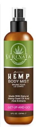 This is a Serenata "Get-Up-And-Go" Premium Hemp Body Mist in an 8-fluid-ounce spray bottle.