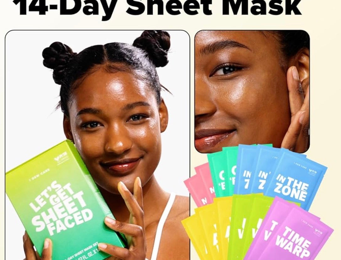 This is an I Dew Care Let's Get Sheet Faced 14-Day Sheet Mask Set in a green and gradient box.