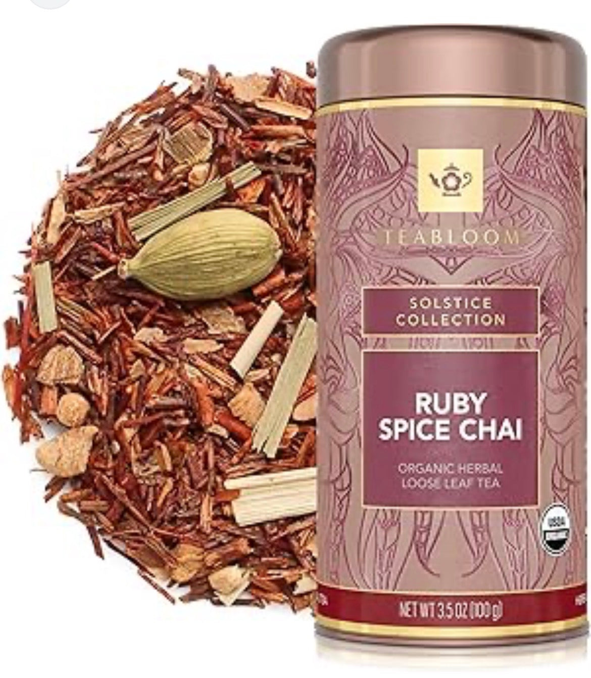 RUBY SPICE CHAI ORGANIC LOOSE LEAF TEA CANISTER.   Caffeine-Free Chai With Cinnamon, Ginger & Vanilla