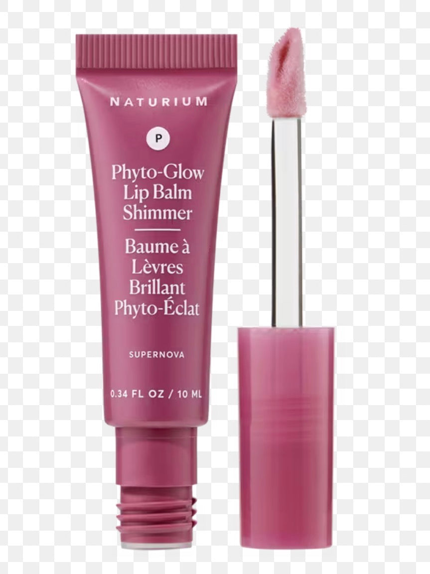 This is a Naturium Phyto-Glow Shimmer Lip Balm in the shade Supernova, featuring a glossy, iridescent rose finish