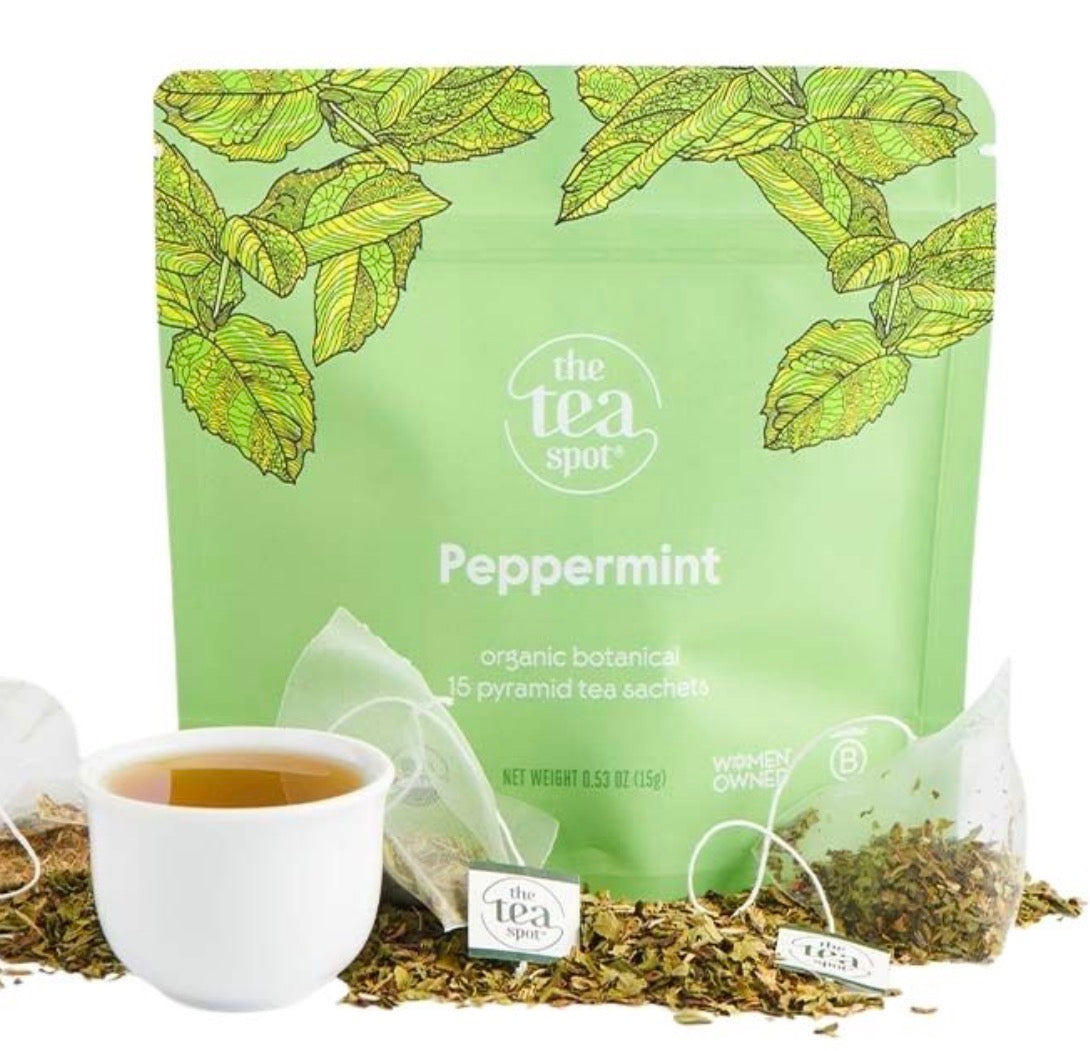The Tea Spot organic peppermint tea bag pouch.It contains 15 pyramid tea sachets.The tea is made from organic USA-grown peppermint leaves.