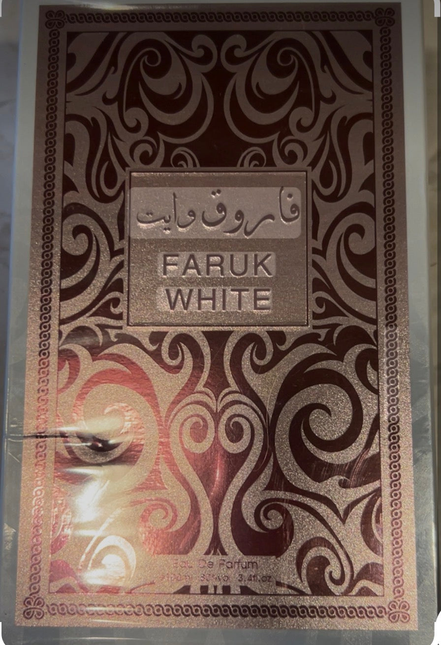 a Faruk White Eau de Parfum for women, featuring a 100ml (3.4 fl. oz.) spray bottle.