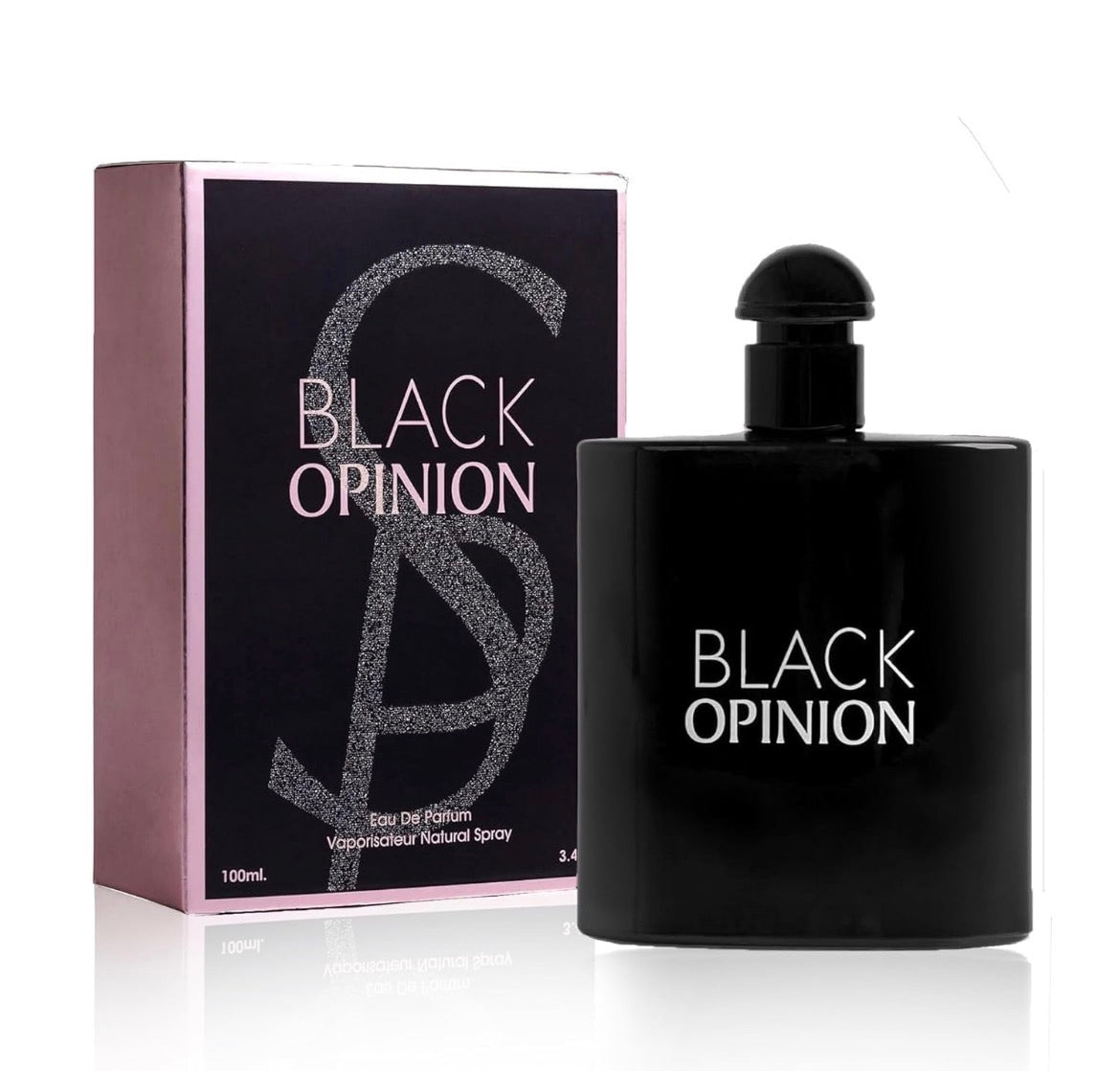 This is a bottle of Black Opinion Eau de Parfum for women, a fragrance often marketed as an affordable alternative to more expensive scents.