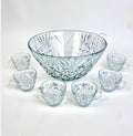 This is a vintage Anchor Hocking Arlington clear glass punch bowl set featuring a diamond and fan pattern and 11 glass fancy cups with set.