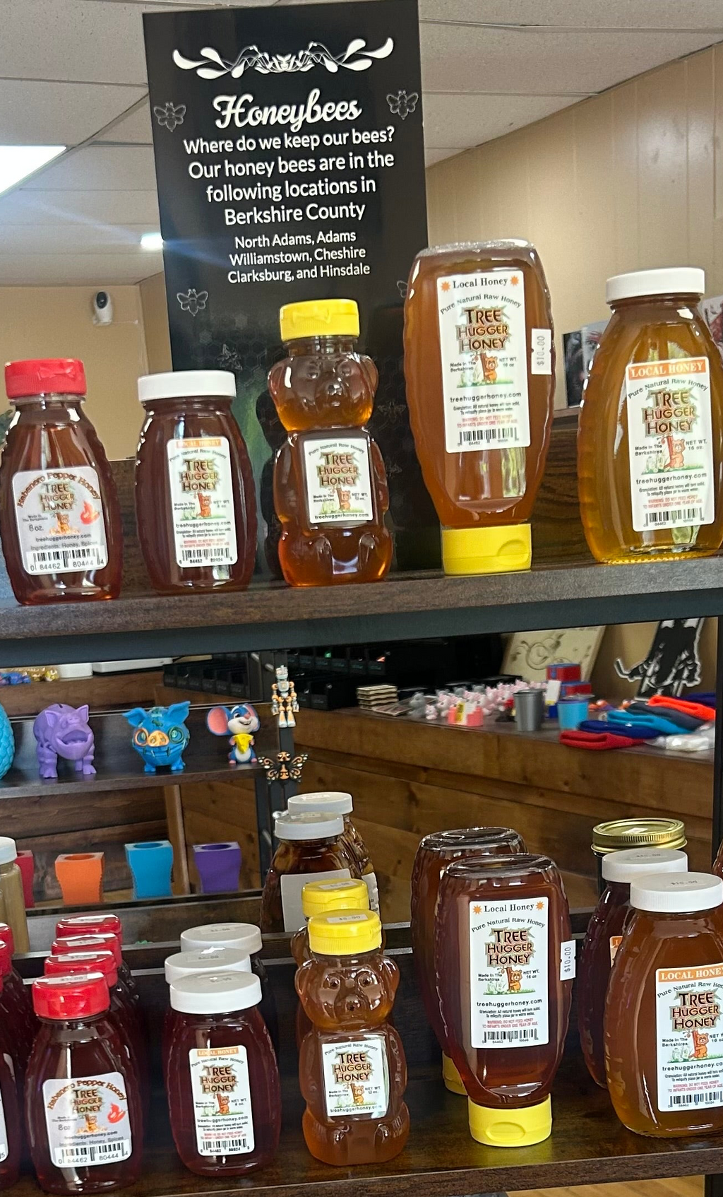 This is a bottle of Tree Hugger Honey brand Habanero Pepper Honey, made in The Berkshires.