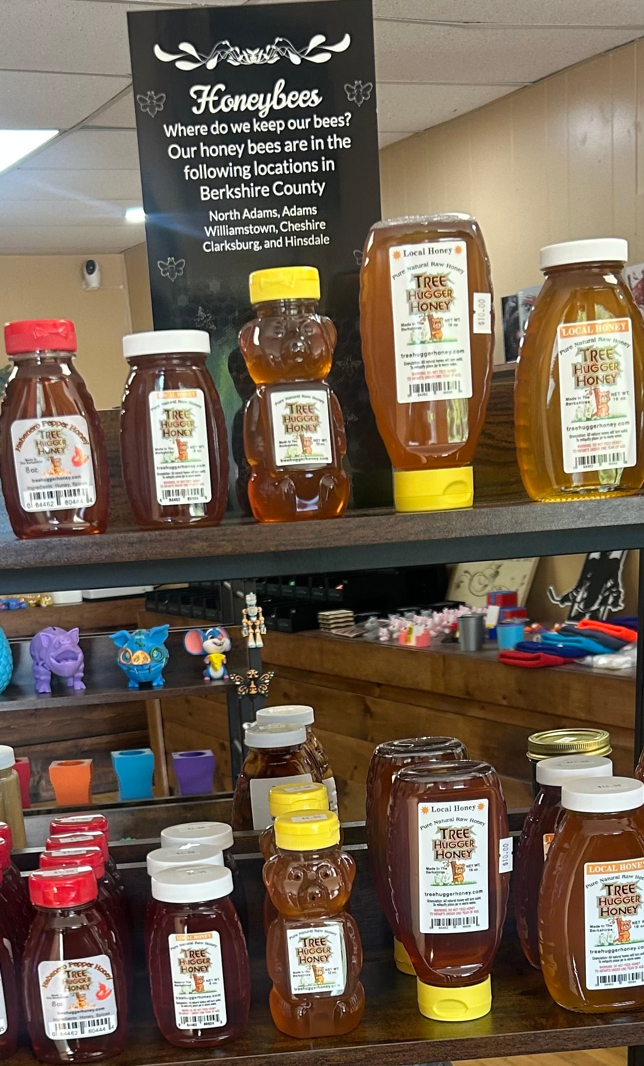 This is a bottle of Tree Hugger Honey brand Habanero Pepper Honey, made in The Berkshires.