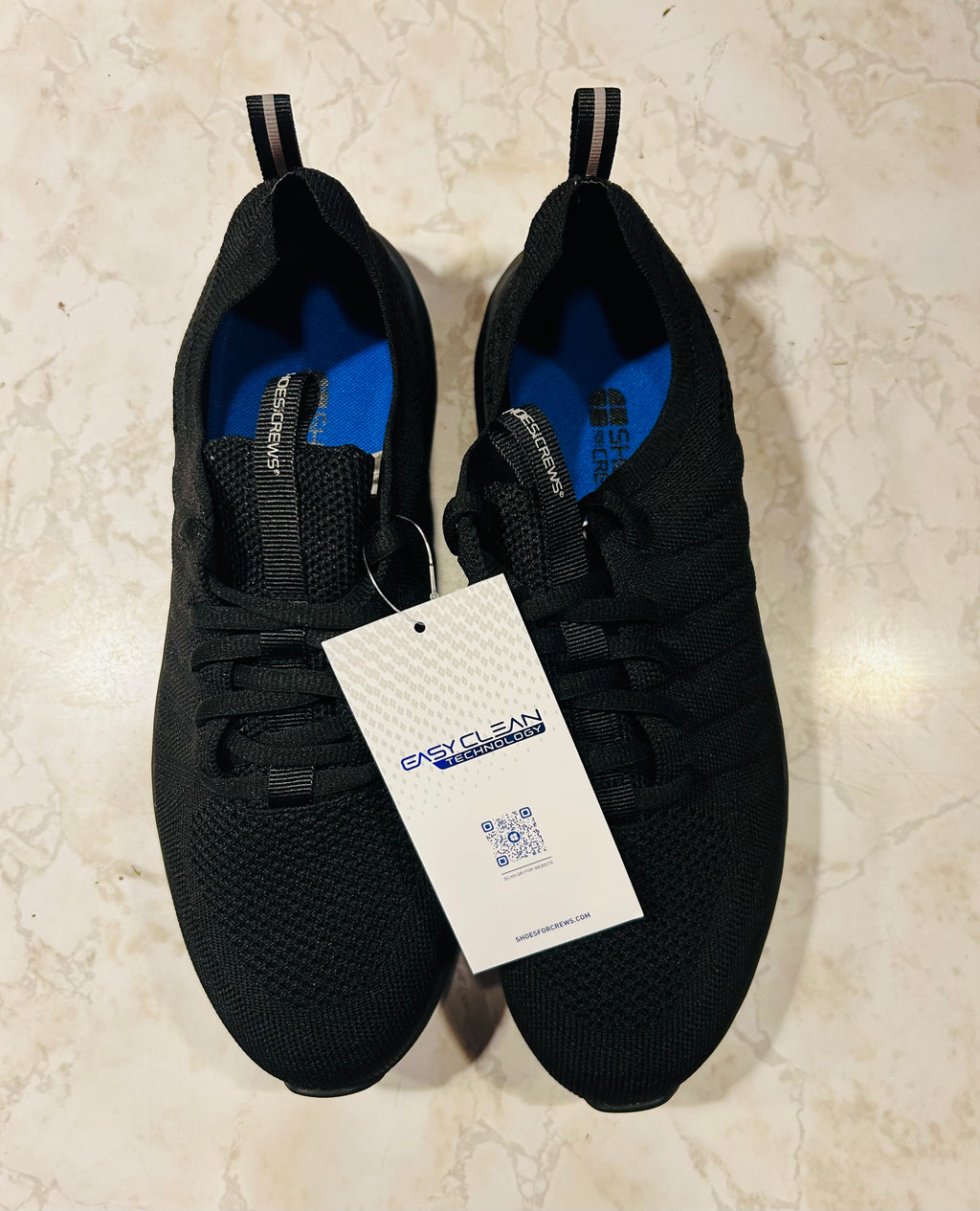 These are size 9 black Shoes For Crews Everlight athletic-style work sneakers with Easy Clean technology.