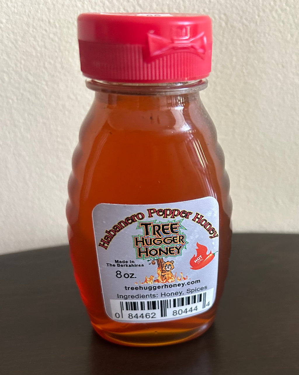 This is a bottle of Tree Hugger Honey brand Habanero Pepper Honey, made in The Berkshires.
