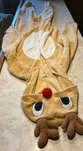 This is a derek & heart Rudolph the Red-Nosed Reindeer union suit onesie made of soft tan plush material.