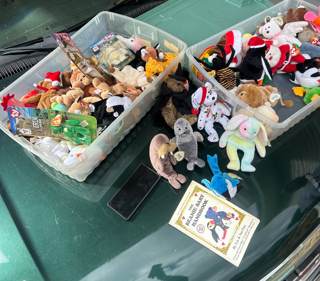 a variety of classic 1990s Beanie Babies, including a tie-dye rabbit (Hippity, Hoppity, or Floppity), Rover the red dog, Strut the rooster, a pink flamingo (Pinky), and a penguin (Rover/Squealer era style. 3 for 25$
