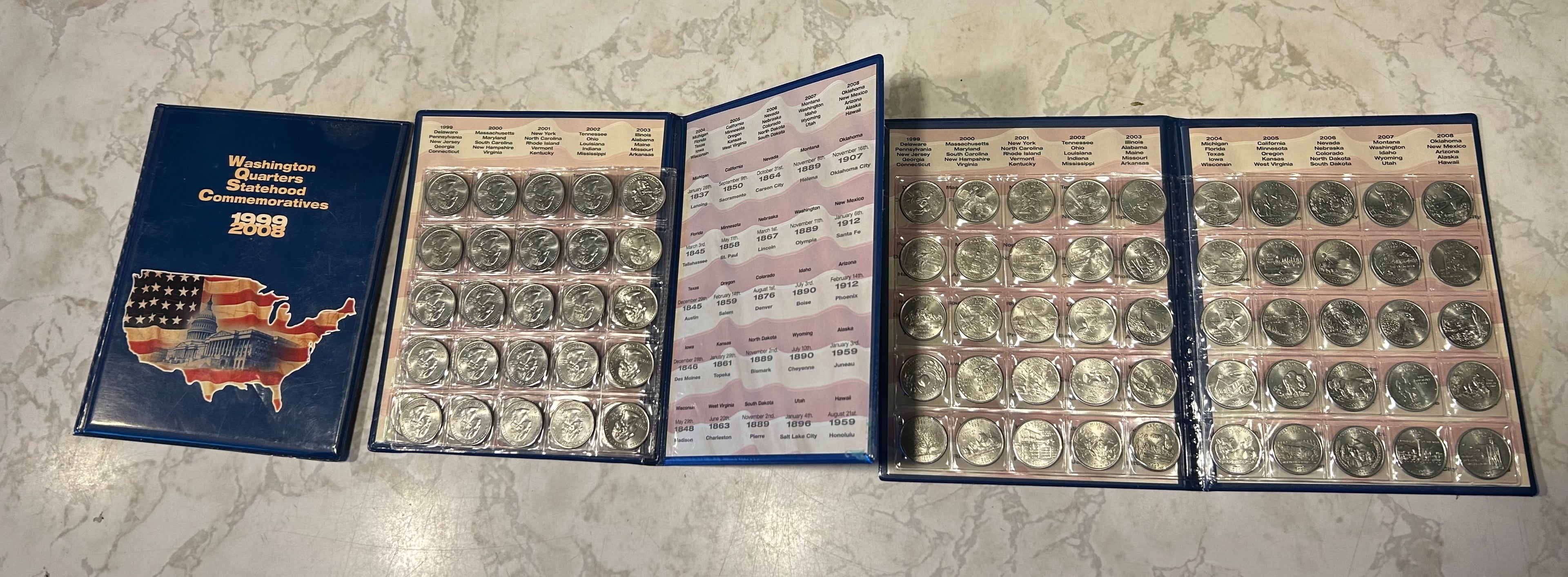 This is a complete 50-state quarter collection spanning from 1999 to 2008.                               The set contains quarters featuring the unique designs of each of the 50 United States.