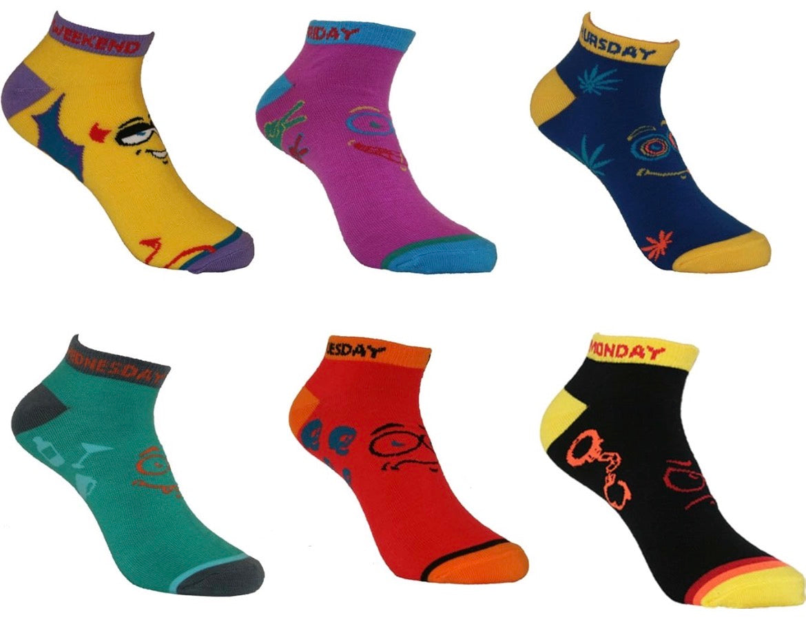 These are colorful MOGGEI branded novelty ankle socks featuring various patterns like pineapples, stars, and food items.