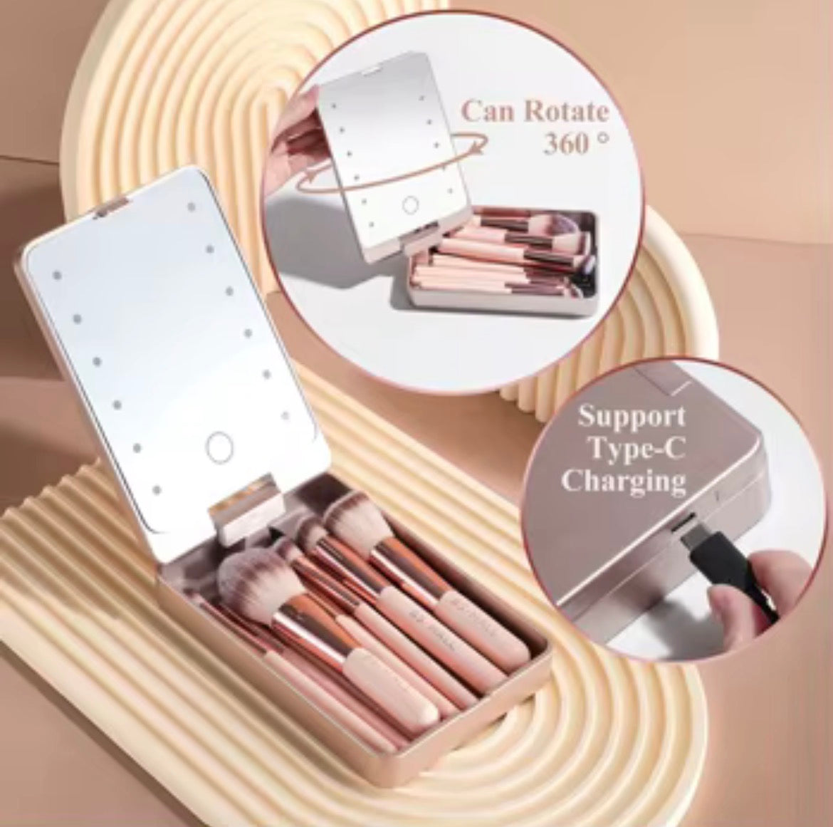This is a BS-MALL Travel Makeup Brush Set featuring a rose gold 14-piece brush collection and a built-in LED light mirror.