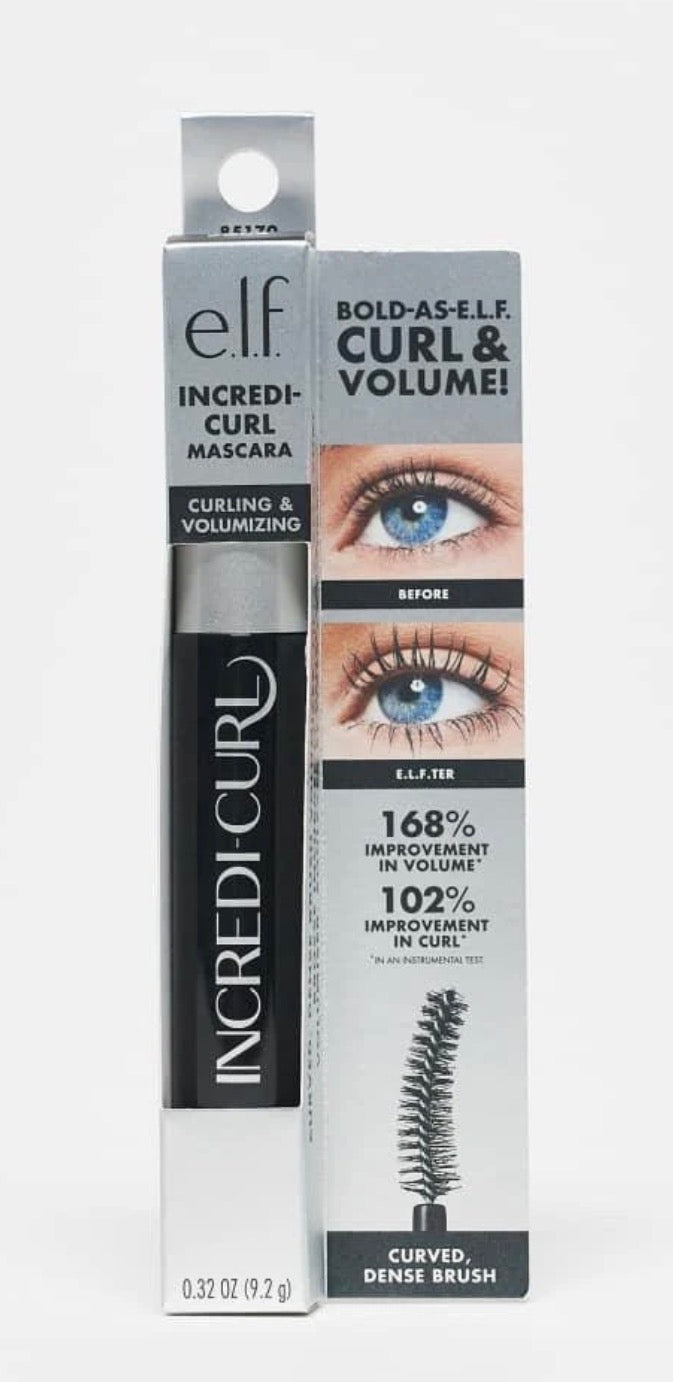 This is a e.l.f. Cosmetics Incredi-Curl Mascara in a black tube and white box.