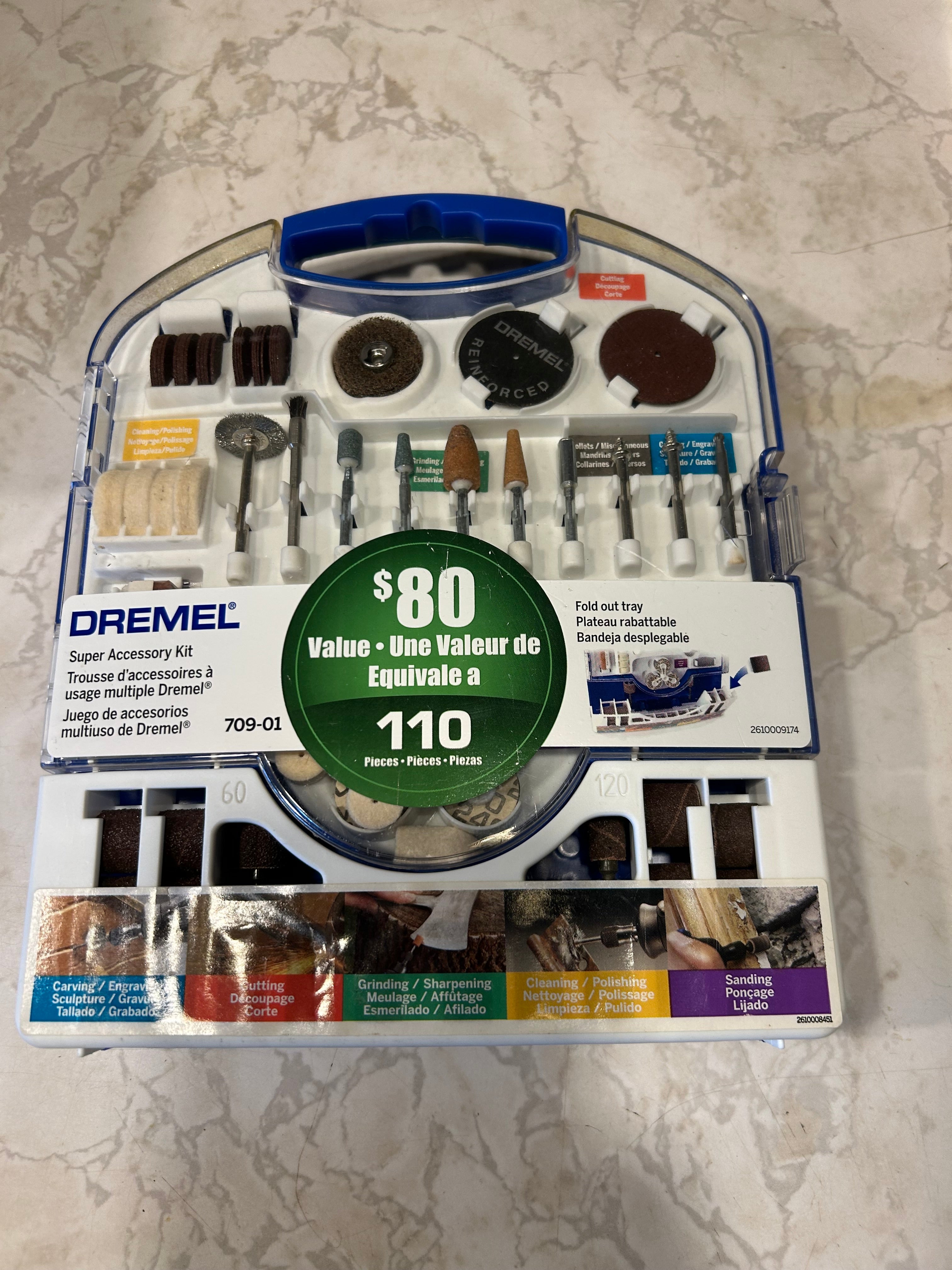 This is a Dremel 709-01 Super Accessory Kit featuring 110 pieces for various rotary tool applications.
