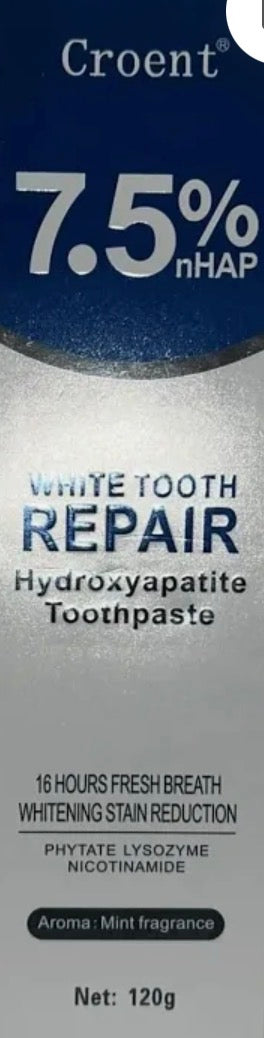 Croent White Tooth Repair Hydroxyapatite Toothpaste, a dental care product formulated with 7.5% nano-hydroxyapatite.