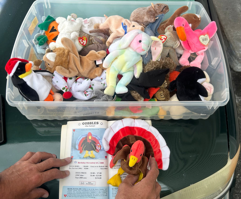 a variety of classic 1990s Beanie Babies, including a tie-dye rabbit (Hippity, Hoppity, or Floppity), Rover the red dog, Strut the rooster, a pink flamingo (Pinky), and a penguin (Rover/Squealer era style. 3 for 25$