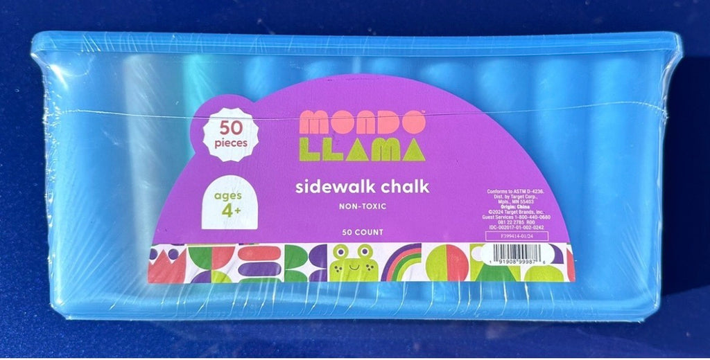 This is a Mondo Llama 50ct sidewalk chalk set in a blue container.