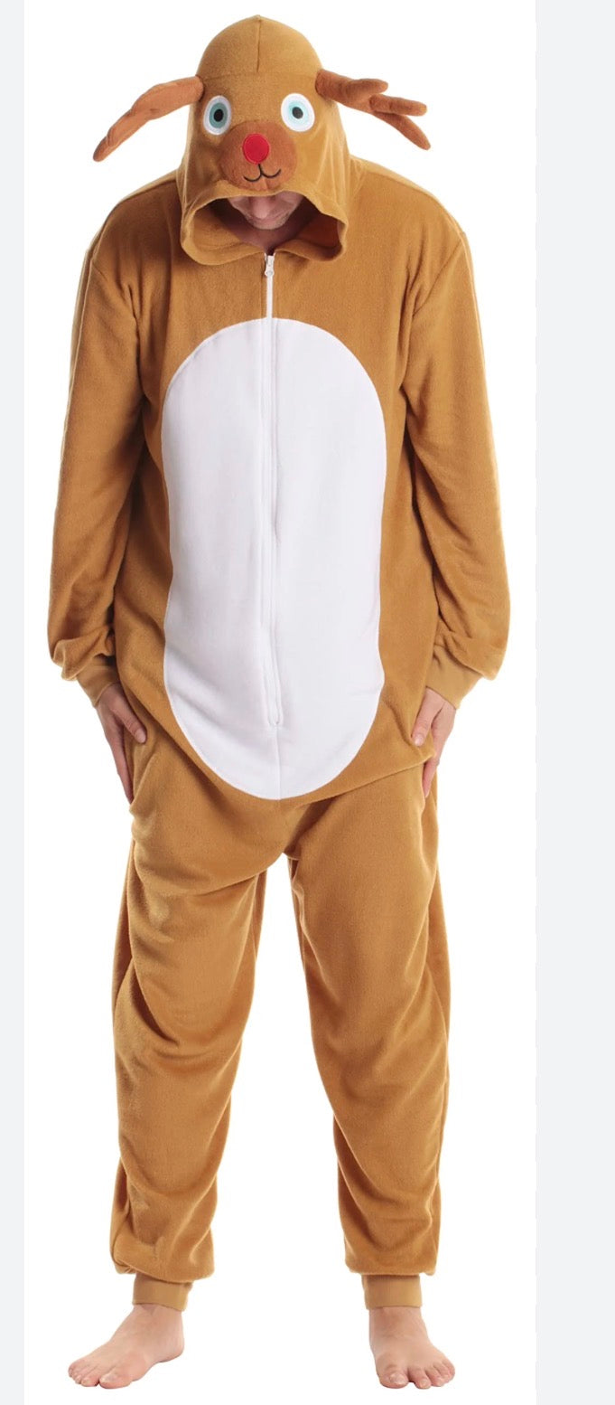 This is a derek & heart Rudolph the Red-Nosed Reindeer union suit onesie made of soft tan plush material.