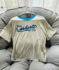 This is a Carhartt Women's TENCEL™ Fiber Ringer Short Sleeve Graphic Tee in white with blue trim.