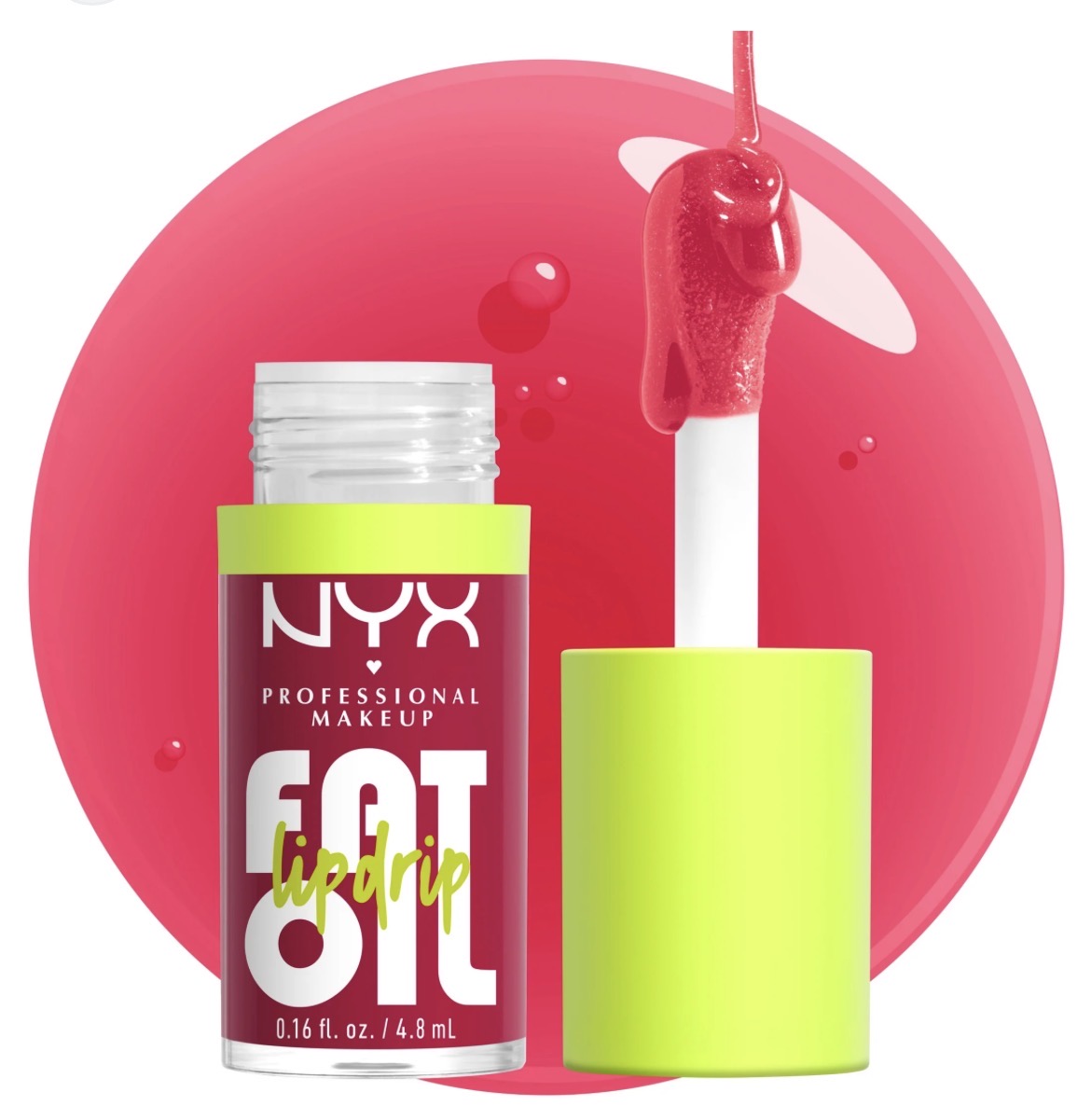 This is a NYX Professional Makeup Fat Oil Lip Drip in a bright green cap with a tinted gloss.