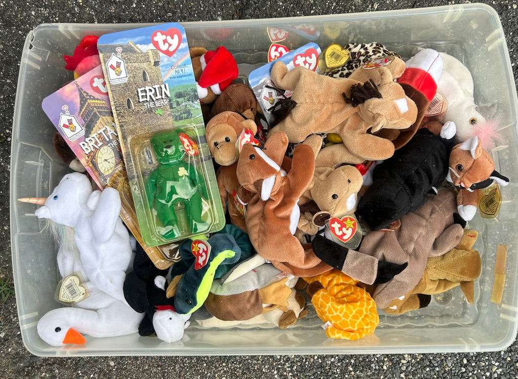 a variety of classic 1990s Beanie Babies, including a tie-dye rabbit (Hippity, Hoppity, or Floppity), Rover the red dog, Strut the rooster, a pink flamingo (Pinky), and a penguin (Rover/Squealer era style. 3 for 25$