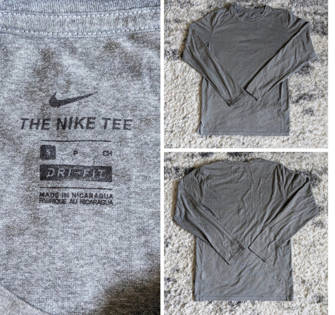 Nike Mens Small S Light Gray Long Sleeve Crew Neck Tee Shirt Dri-Fit